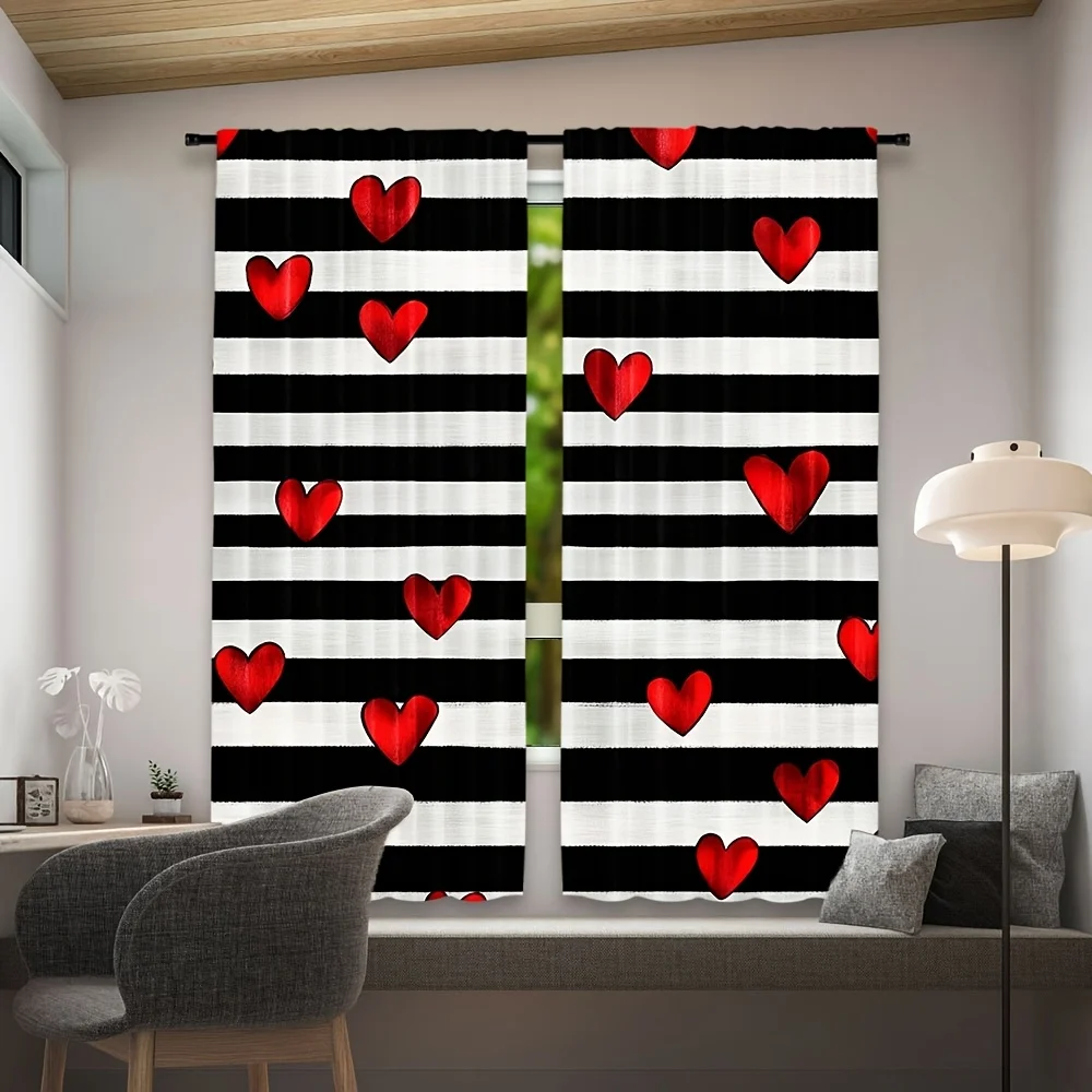 Red Heart Curtain Panels, Bright Red Love Hearts On Black White Striped Background Romantic Print Drapes for Bedroom Home Decor