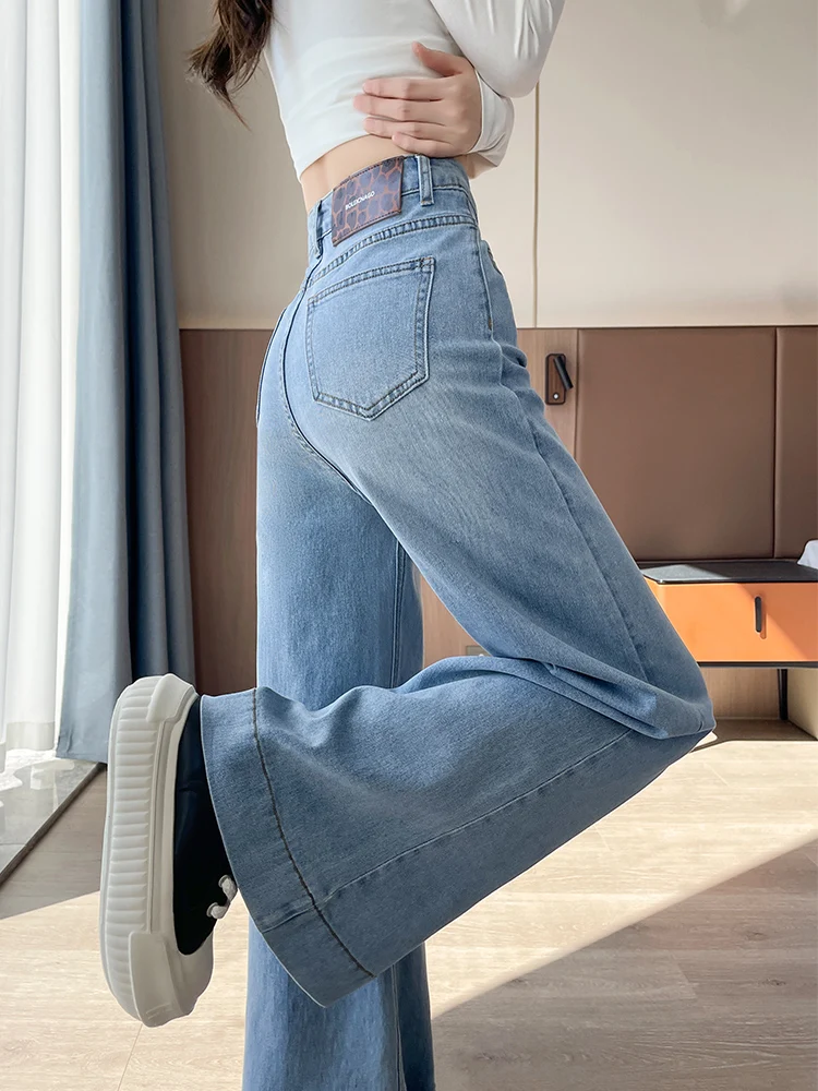 جينز واسع الساق مرن عالي الخصر بلون فاتح للنساء للخريف والشتاء وسراويل أرضية سميكة مستقيمة الساق