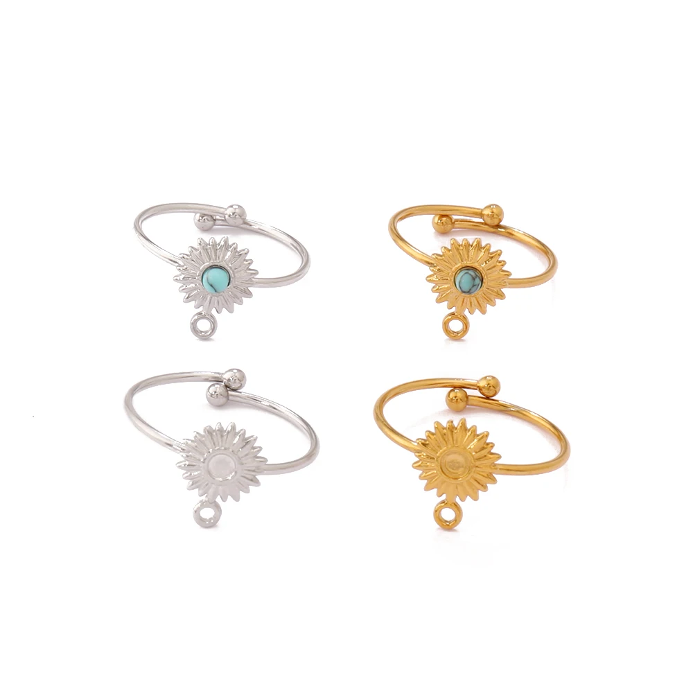 1pcs Stainless Steel Turquoise Sun Open Rings Women Findings Fashion 18K Gold Plated Round Adjustable Ring Jewelry Accessories