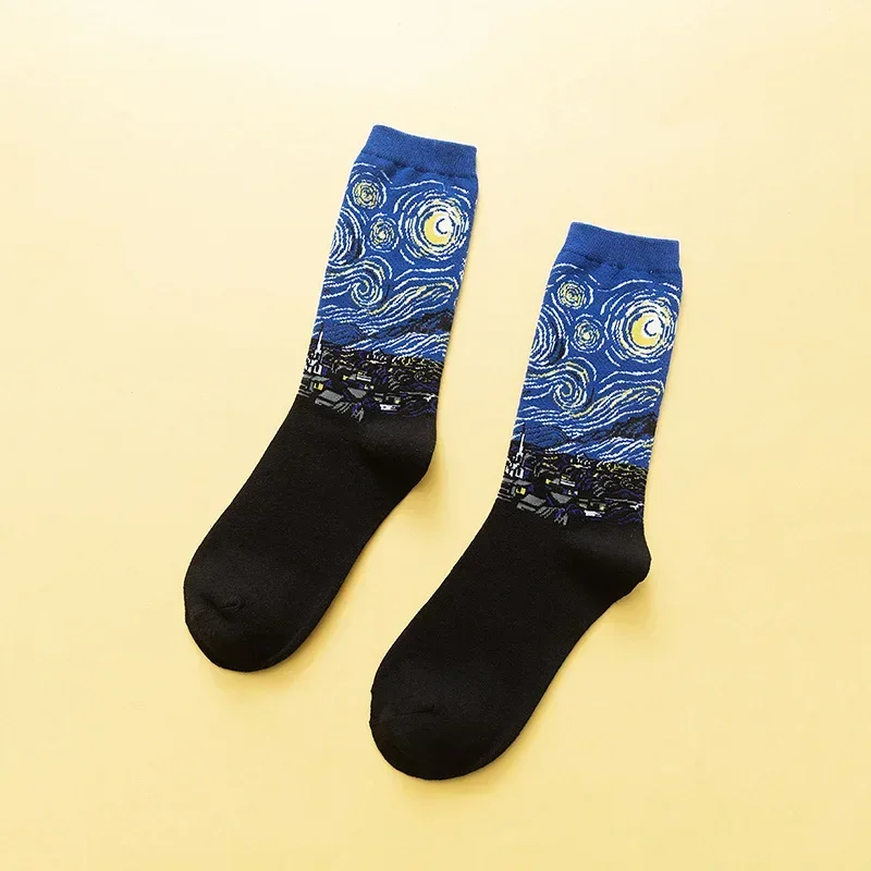 1 Pair Autumn Winter Retro Men Socks Couple Socks New Art Van Gogh Mural World Famous Oil Painting Series Funny Socks