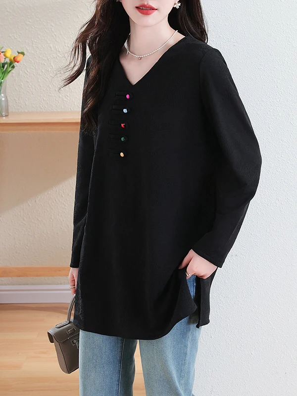 

Loose Long Sve Midi Base irt Women's Vintage Sle V-Ne Design plus Size Spring Autumn Top Comfortable Fit irt