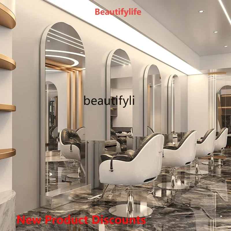 

X188 LBarber Shop Single Double-Sided Mirror Hair Salon Dressing Table for Hair Salon Floor Mirror with Lamp