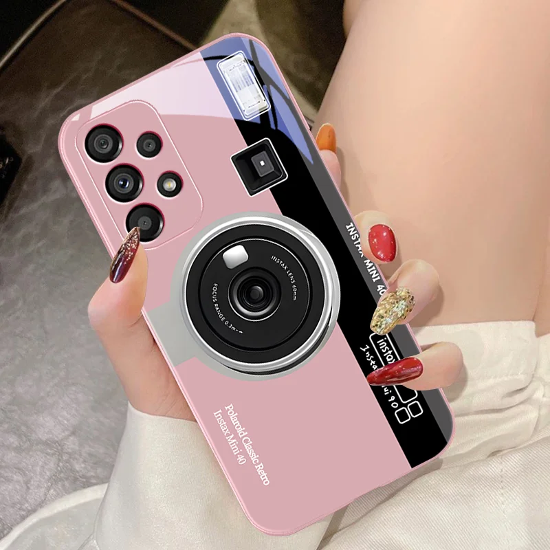 Tempered Glass Phone Case For Samsung Galaxy S10 4G S20 11E 30 S21 21Fe 22 Pro S23 Ultra 5G S8 S9 Retro Camera Green Pink