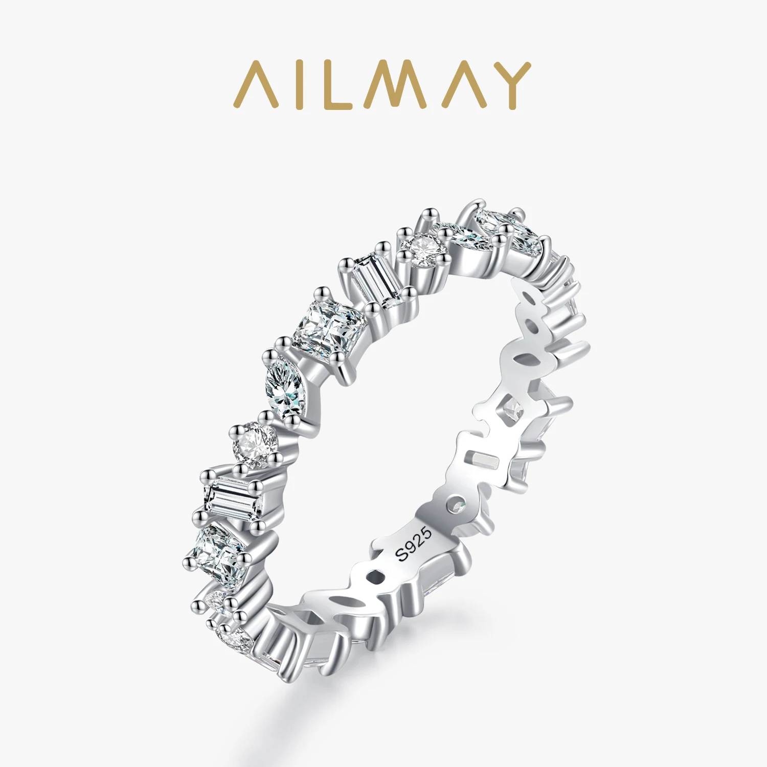 Ailmay 2021 New Design Real 925 Sterling Silver Irregular Dazzling Clear Zircon Geometric Finger Ring For Women Fine Jewelry