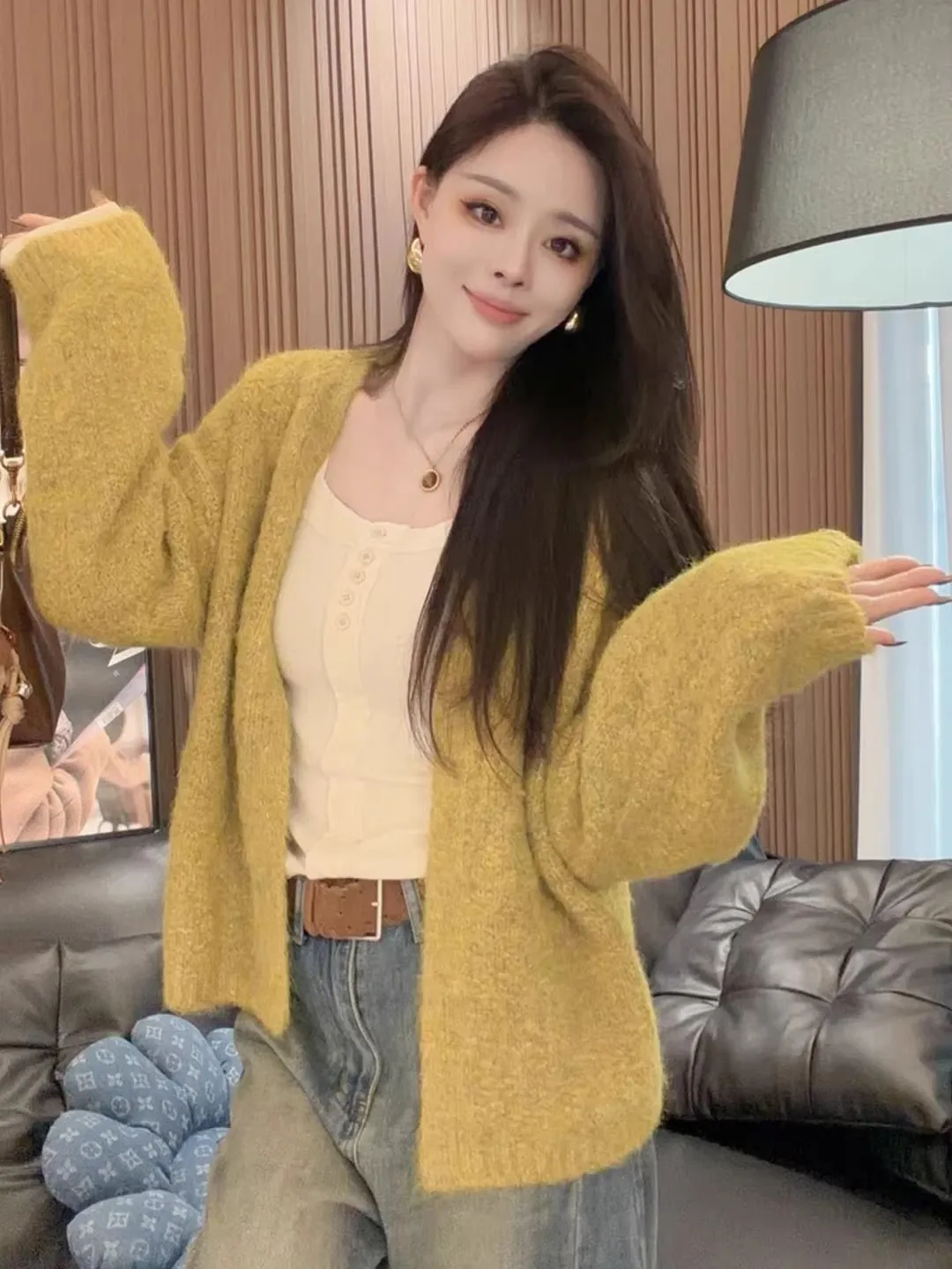 

Soft Thiened Women's Sweater Cardigan Loose Knitted Top Lazy Sle Autumn Winter Faion Casual Comfortable High-End Feeling