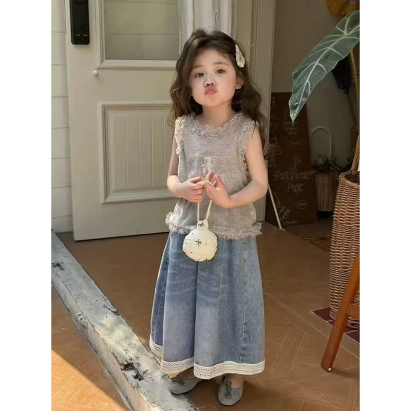 

Girls' Summer Set Children's Fashionable Lace Vest+Denim Wide Leg pants Two-piece Set