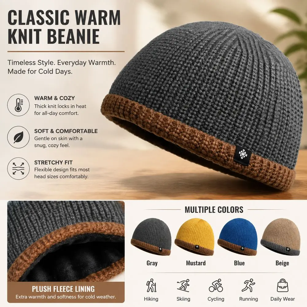 Fashion Thickened Knitted Beanie Stretchy Fit Contrast Cuff Men's Beanie Wind Resistant Winter Skull Cap Winter Wear
