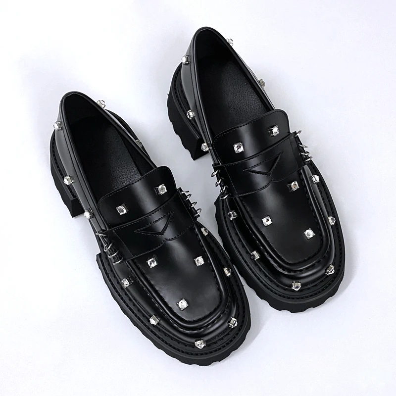 Genuine Leather British Style Rhinestones Loafer Shoes Thick-Soled Shallow Shoes Women\'s Pumps JK Japanese Uniform Casual Shoes