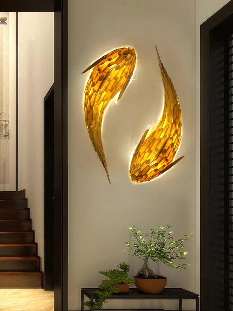 Nordic Modern Bamboo Led Wall Light Hand Woven Fish Wall Lamps for Living Room Decoration Restaurant Hotel Villa Art Wall Decor