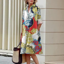 2024 Elegant Ladies Long Sleeve Shirt Dress Lapel Button Exquisite Printing Mid-Length Dress Casual Loose Commuter Shirt Dresses