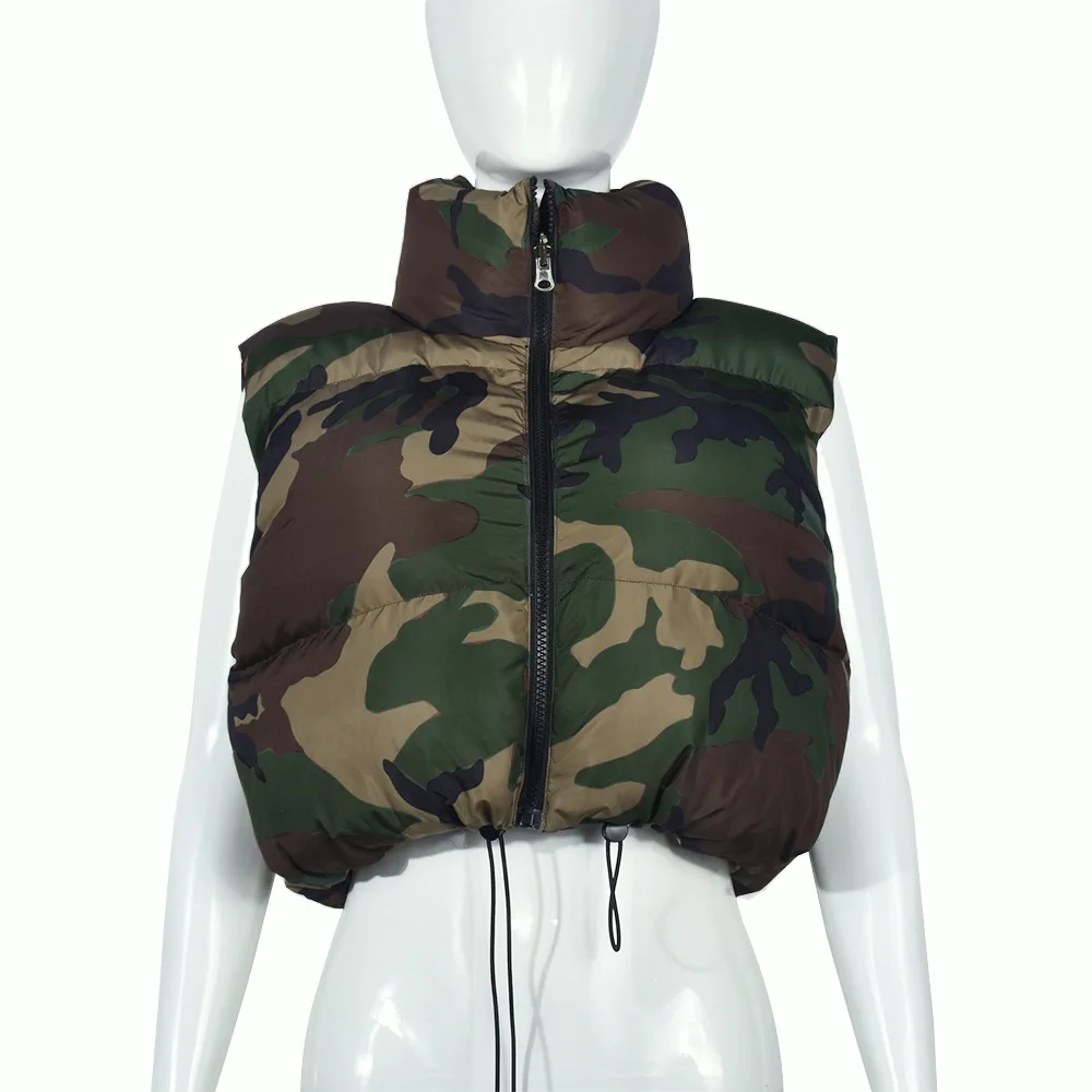 Women Coats Fall Winter Camouflage Short Coat Women Fashion Stand Collar Sleeveless Puffer Vest Casual Drawstring Puffer Jacket