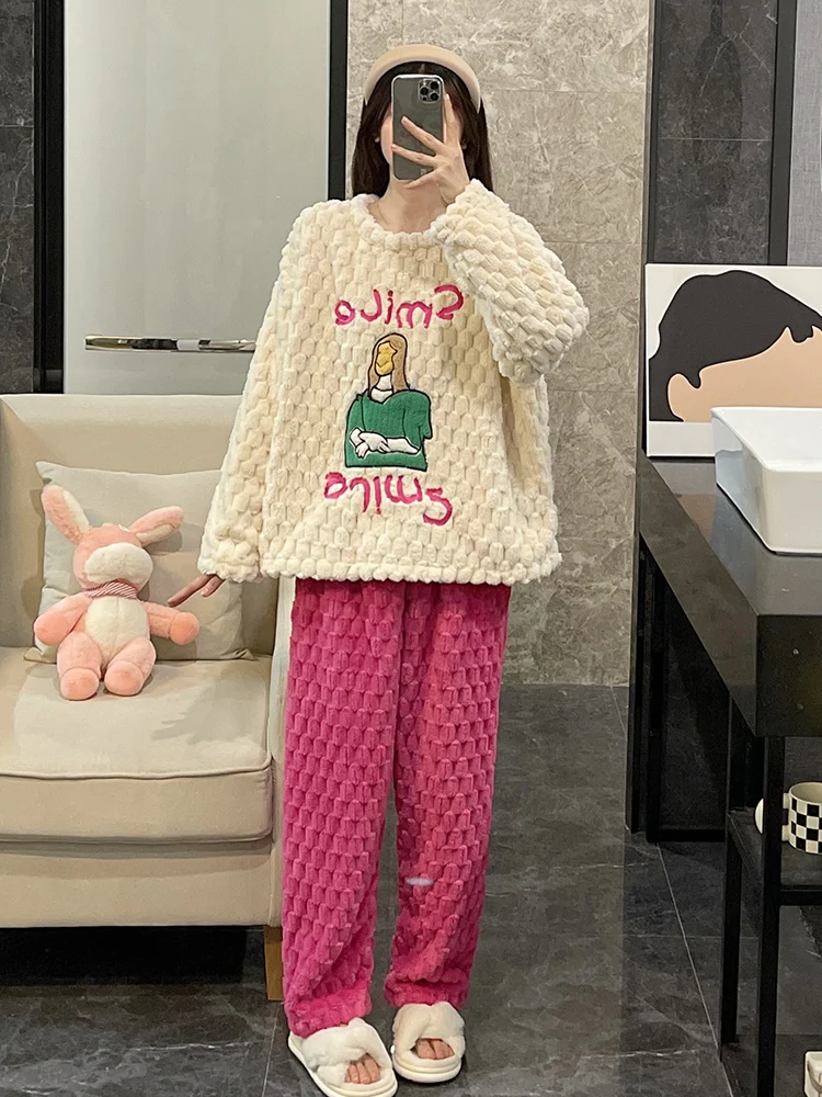 Women Cartoon Pajamas Winter Coral Fleece Sleepwear Plus Size Flannel Thickened Top Pants Spring Autumn Suit Home Clothes Female