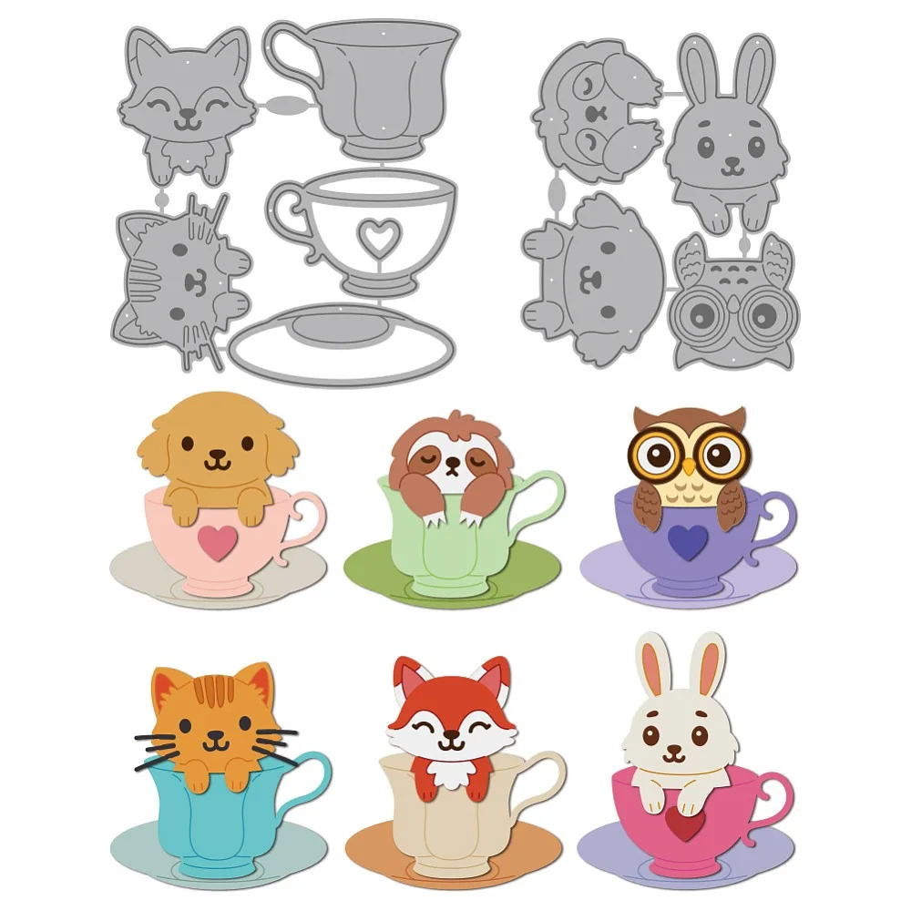 2 Stück 2 Stile Tiere Teetasse Kohlenstoffstahl-Stanzformen Schablonen für DIY Scrapbooking Foto Dekorative Prägung Papierkarten