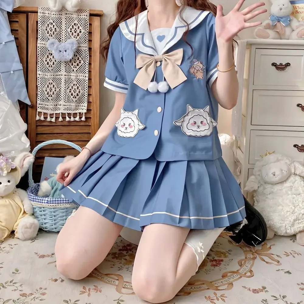 

New kindergarten jk uniform spring cute long-sleeved short-sleeved sailor suit Schoolgirls Sailor Tie Pleated Skirt Outfit Women