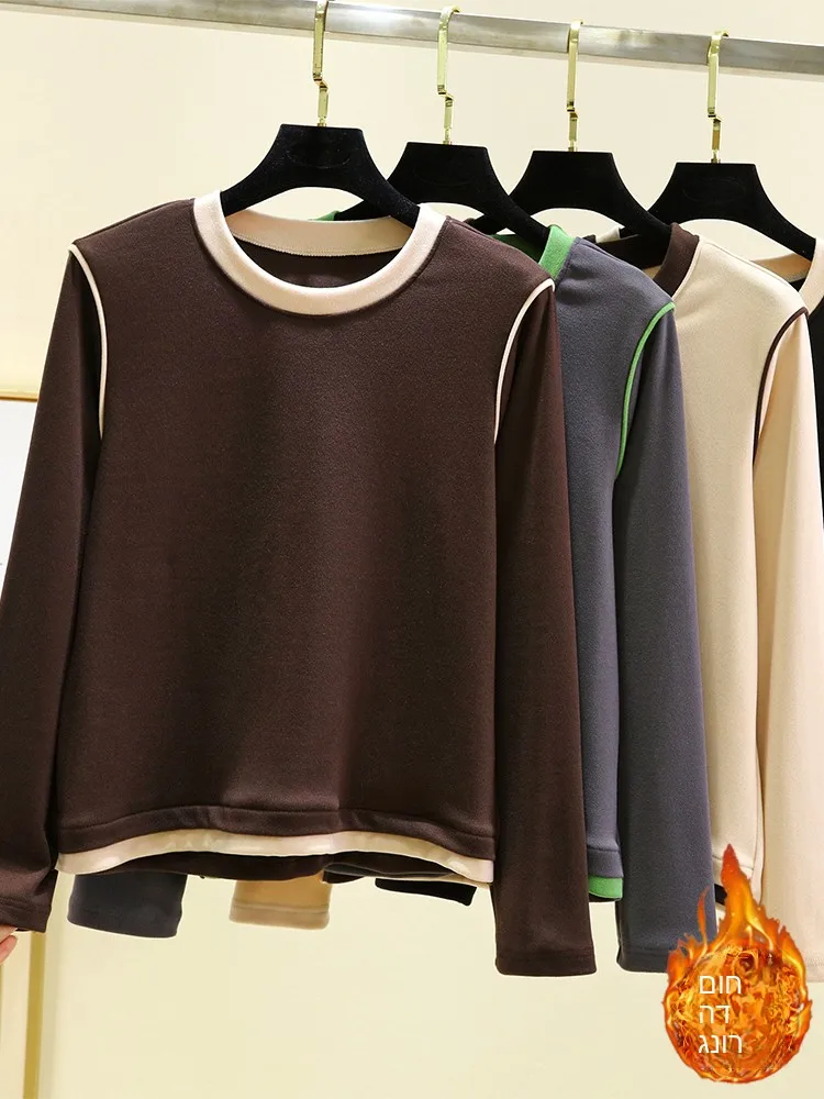 Thickened Long Sleeve round Neck Base Shirt Women's Winter Warm Self-heating Fleece Large Size Versatile Color Block T-shirt
