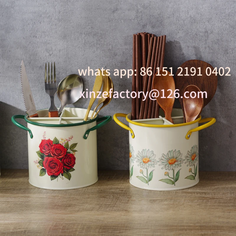 

Customizable Retro Kitchen Storage Bucket with Divider Tableware Draining Rack Knife Fork Storage Box Home Decorative