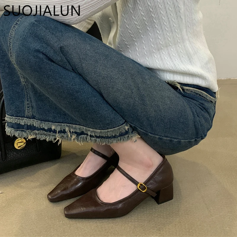 Suojialun-女性のためのメアリーヌシューズ,丸いつま先,浅いシングルシューズ,正方形のヒール,ドレスポンプ,新しいブランド,春のファッション,2024