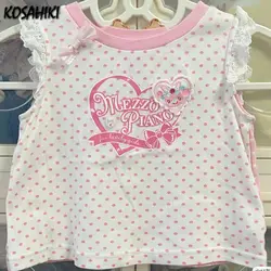 Japanese Polka Dot Letter Print Kawaii T-shirt Women Sweet Y2k Aesthetic Patchwork Lace Crop Tops Girls Grunge Lolita Summer Tee