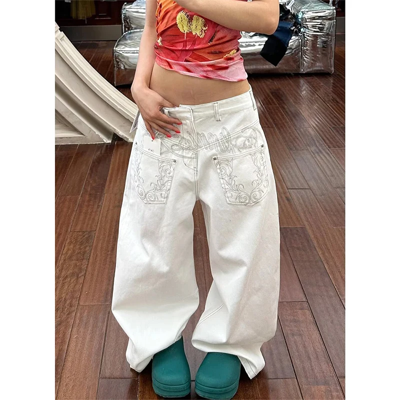 Vintage Borduren Vrouwen Witte Baggy Jeans 2025 Herfst Harajuku Y2k Wijde Pijpen Denim Broek Oversize Broek Jaren 2000 Kleding