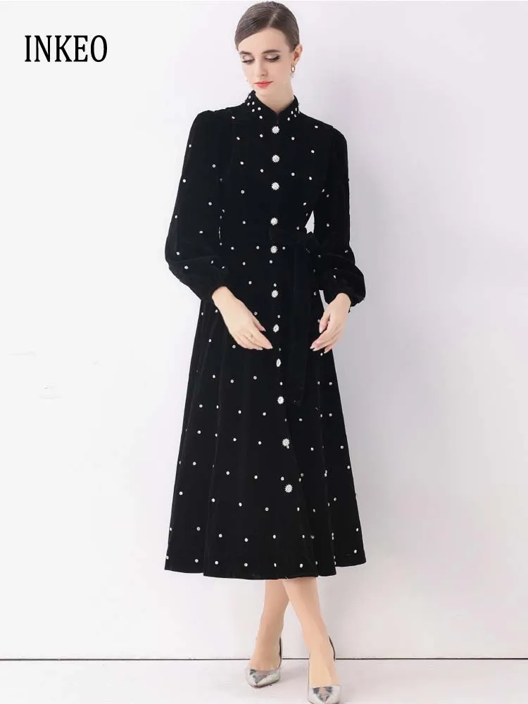 فستان فاخر عتيق مطرز بالخرز من المخمل للنساء موضة خريف وشتاء بأكمام طويلة فساتين قميص طويلة واحدة الصدر INKEO 5D257 #1