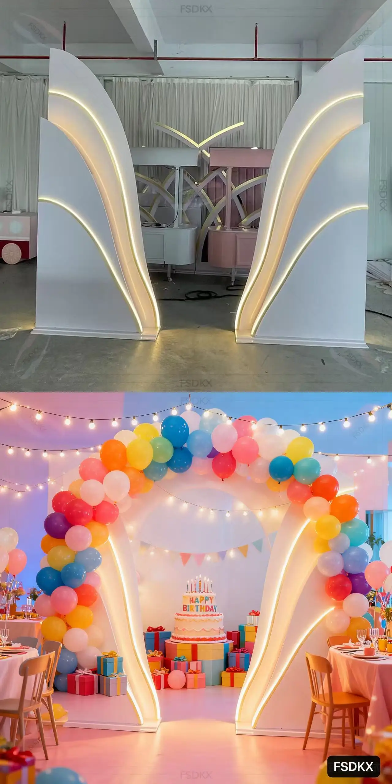 

FSDKX Professional Custom Shape White PVC Backdrop with RGB Light White Wedding Stage Backdrop Events Decoration Props