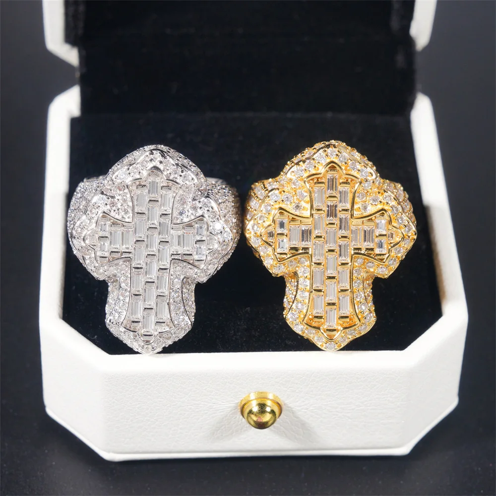 Cross-Shaped Pav Zirconia Ring  Silver & Gold Plated, Luxury Hip Hop Statement Jewelry for Men rings for women