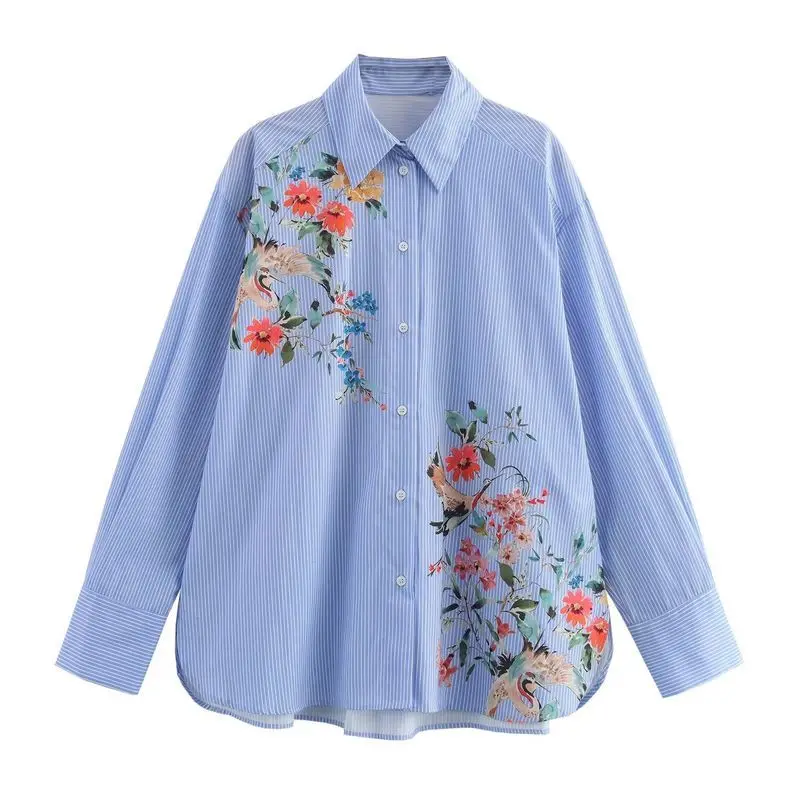 

Faionable Casual Striped irt Women's Simple Floral Print Polyester Blend Long Sve Basic Sle Cleanfit Loose Fit irt