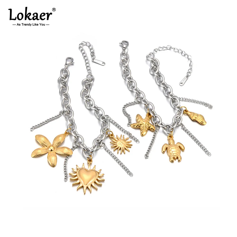 Lokaer Edelstahl Meeresschildkröte Seestern Shell Blume Charm Armband Für Frauen Trendy Handgelenk Kette Schmuck Party Geschenk B25099