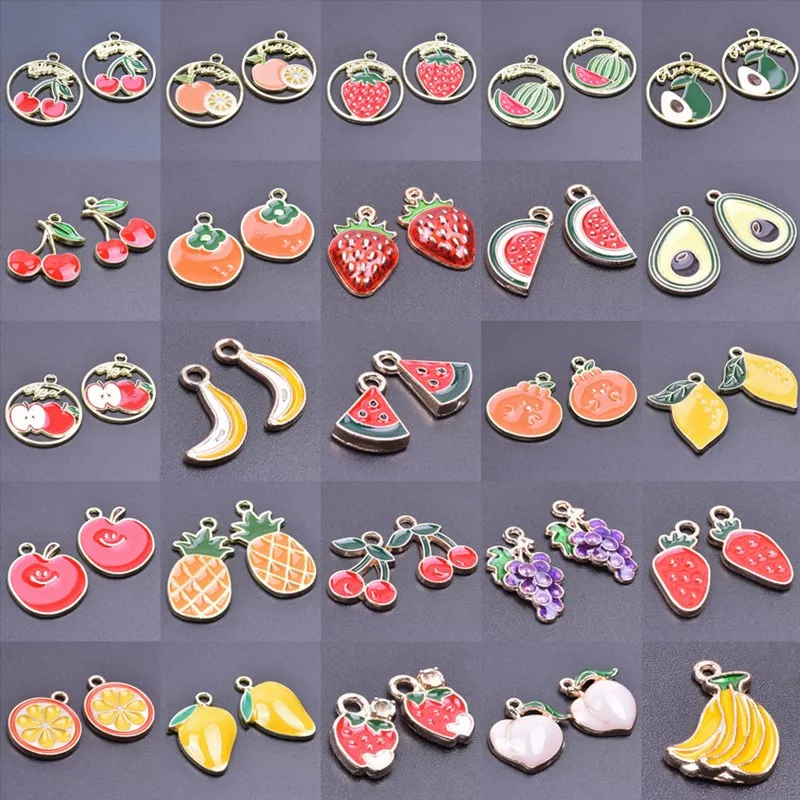 

20pcs Food Accessories Red Strawberry Cherry Enamel Charm For Jewelry Making Bulk Fruit Banana Avocado Pendant Charm Accessories