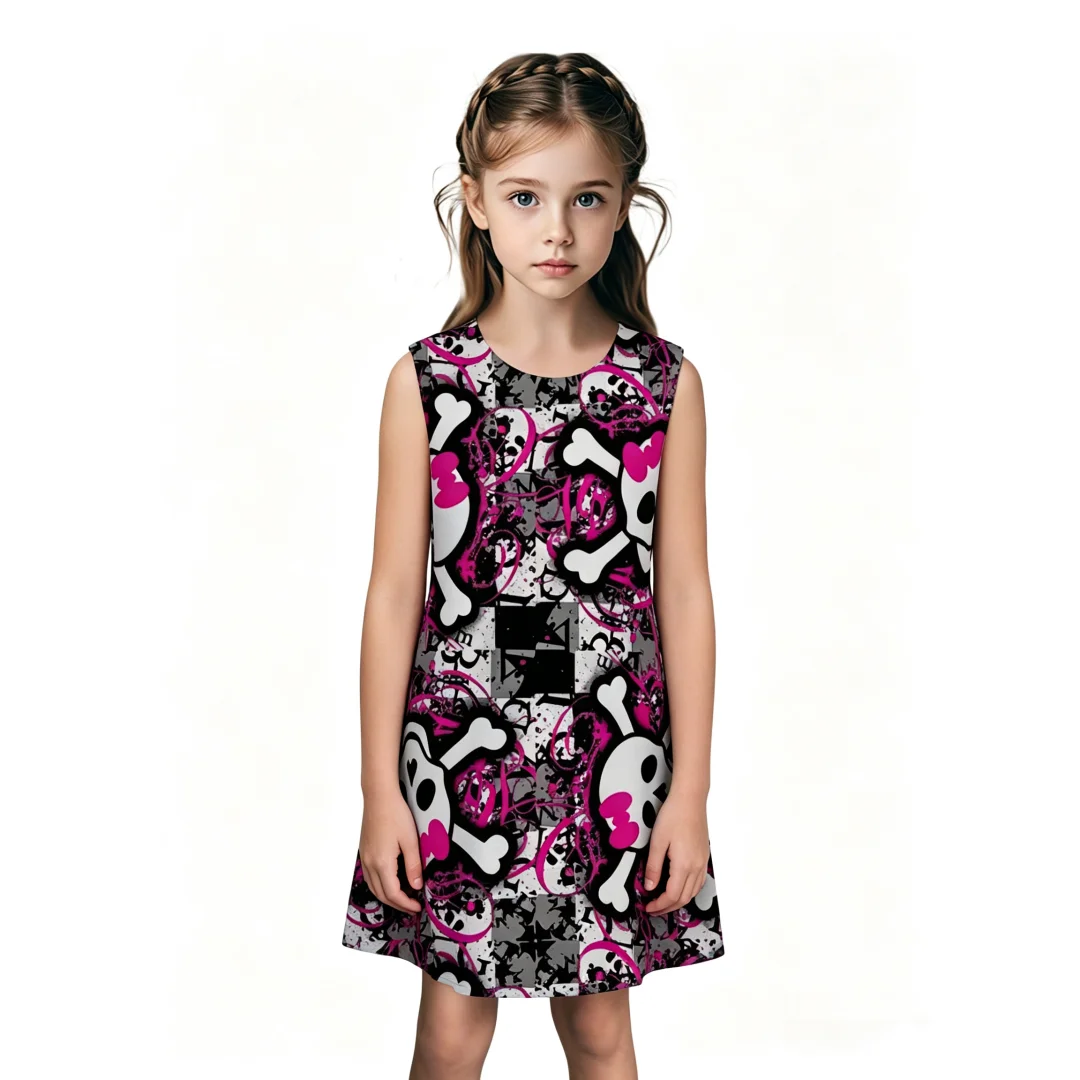 Stylish Young Girls Sleeveless Shift Dress Bow Skull Crossbone Graffiti Print Halloween Outfit for Party and Casual Wear