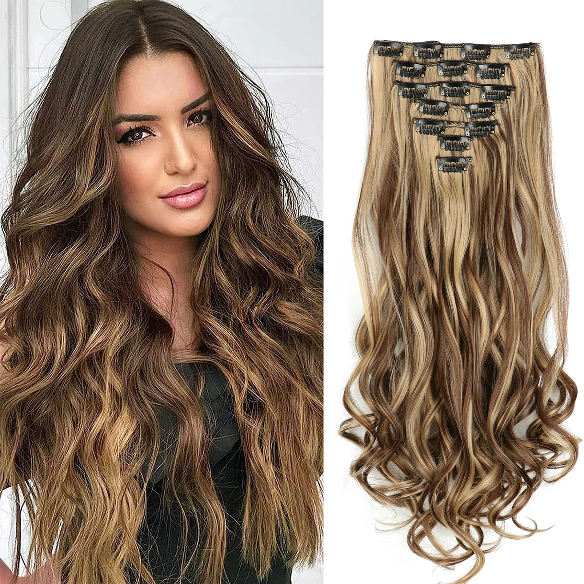 Clip in Hair Extensions for Women 22 Inch Long Wavy Curly Hair Extension Full Head Synthetic Hair Extension Hairpieces