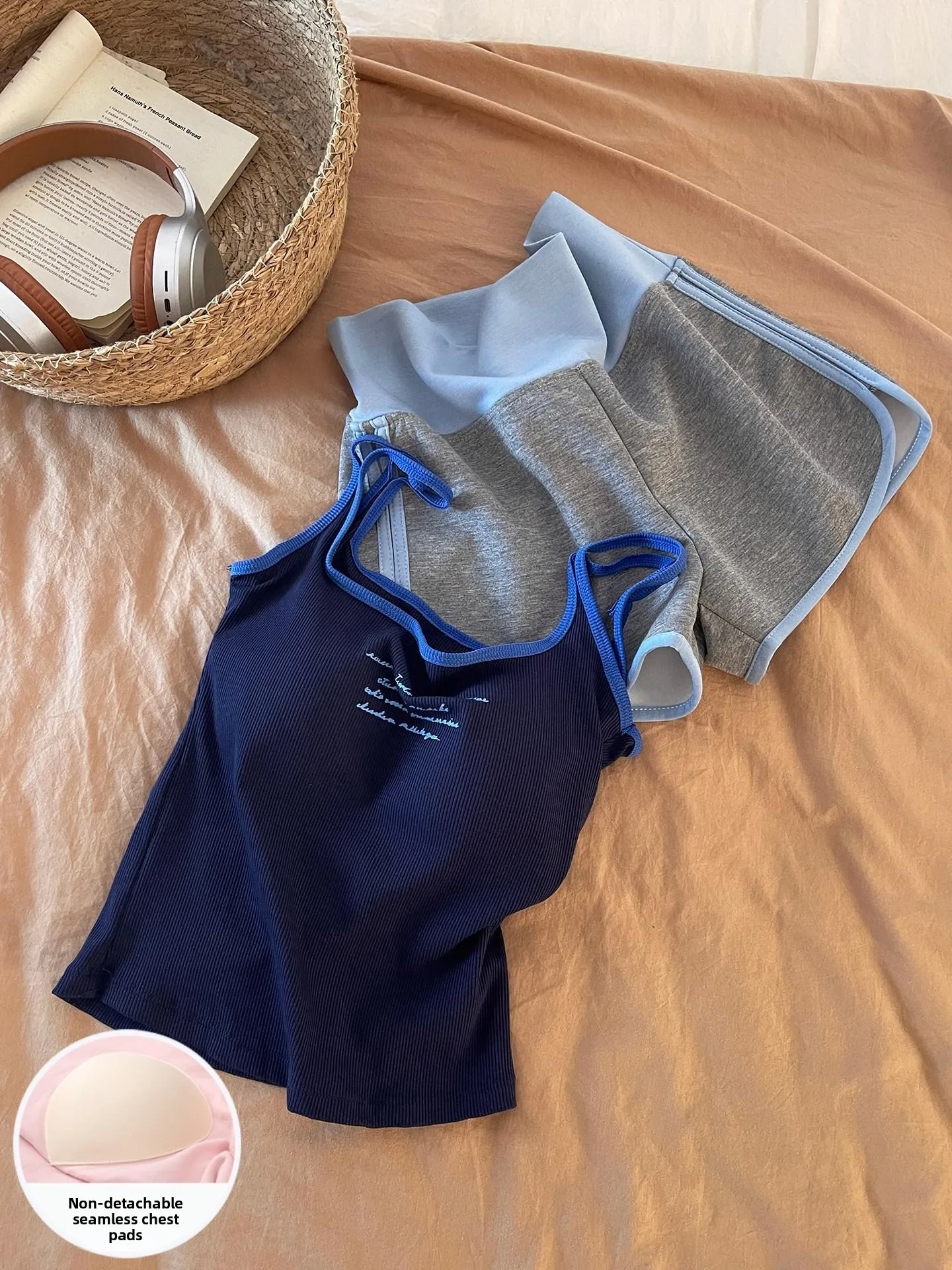 綿のナイトガウン-レディース-夏-ストラップ付き-ホームウェア-涼感-プラスサイズ-胸パッド付き-屋外でも着用可能-ダークブルーセット-夏用ホームウェア