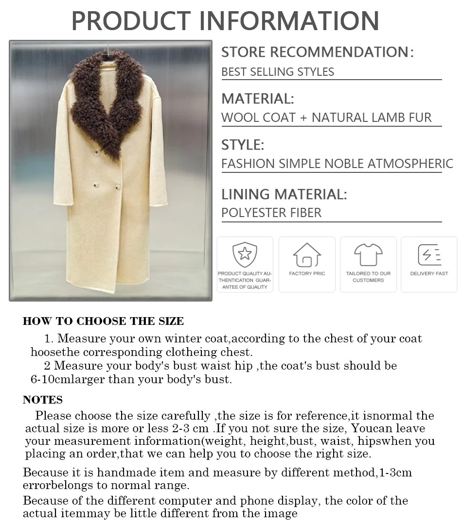 Winter Warm Wool Coat  With Lamb Fur Collar Long Cashmere Fur Coat Best Selling  Jacket Luxury