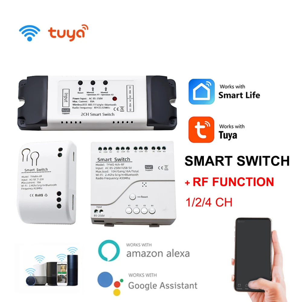 

1/2/4 CH TUYA WiFi Smart Switch Voice and RF Control Light DIY Garage Door 7-32V 110V 220V Receiver Works with Alexa Google Home