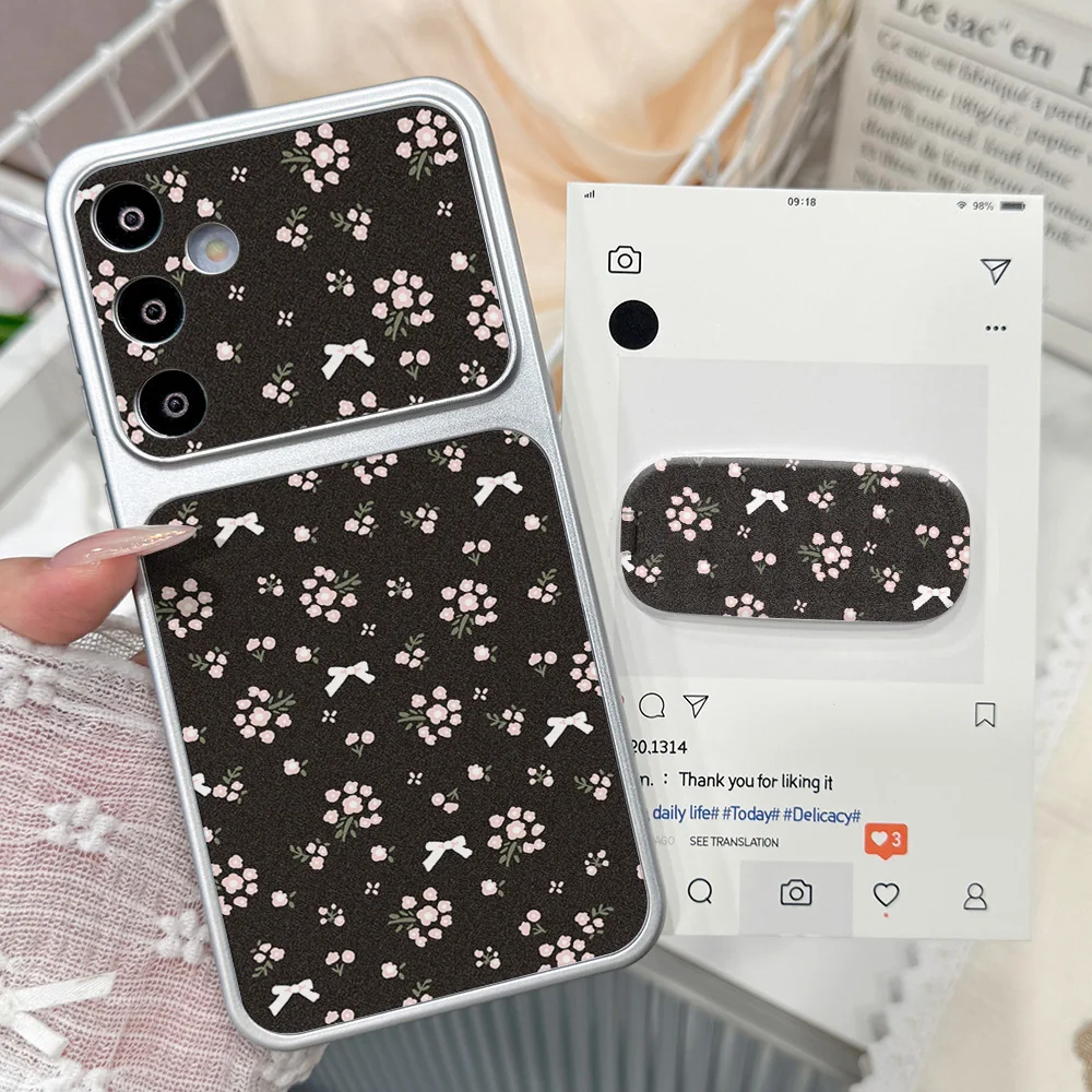 Black Floral Bow Phone Case For Samsung S26 Ultra S25 S24 A56 A37 A57 A36 A27 A17 A26 A16 A07 With Stand Lanyard leather Capa