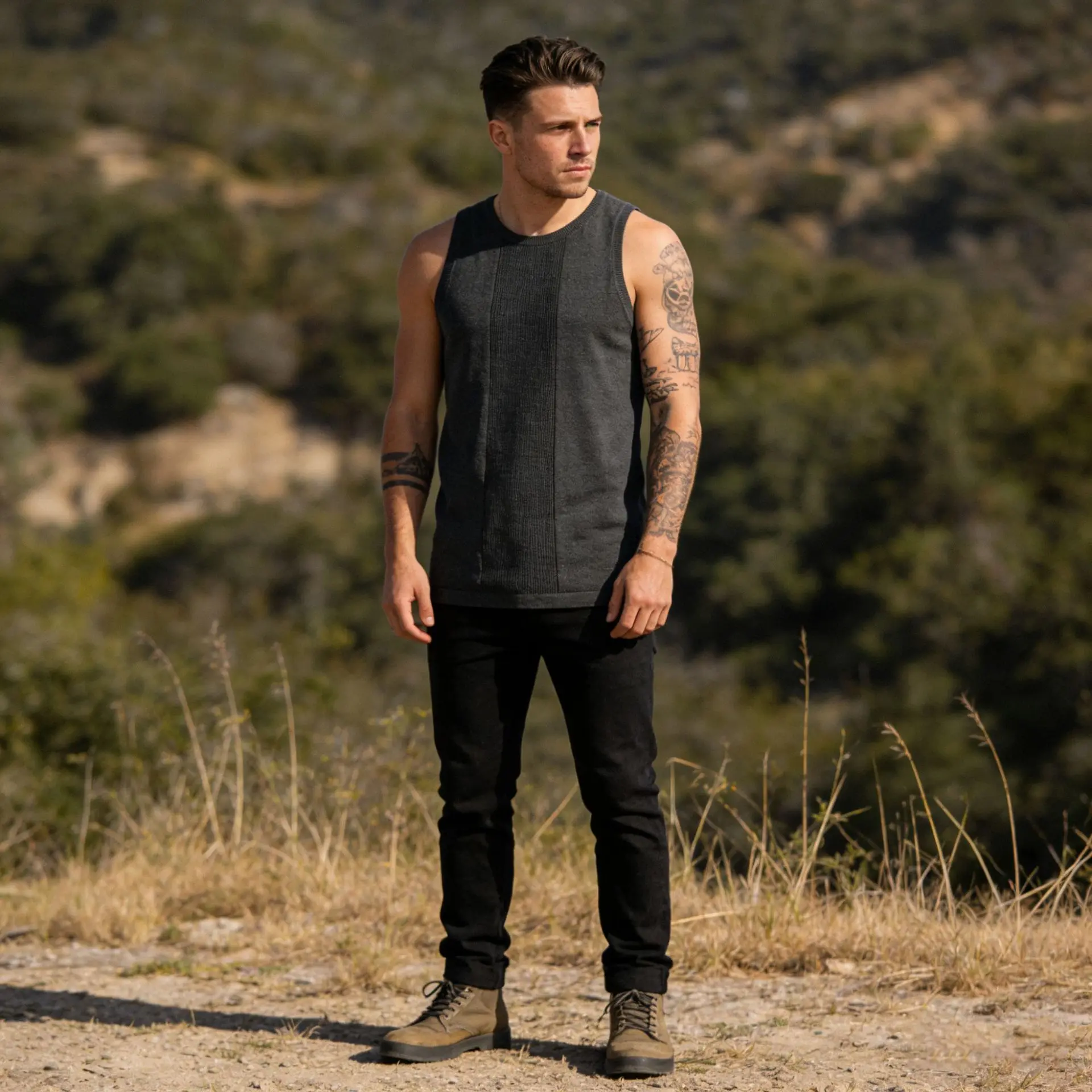 Summer New American Retro Solid Color Sleeveless O-neck Knitted Vest Men's Heavyweight Sports Fitness Casual Tough Guy T-shirt