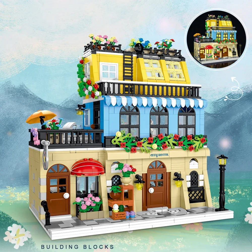 City Hotel Building Block Set with LED, Construction House Building Toy Gift for Adult Teen Age 14,Mini Bricks 1464pcs