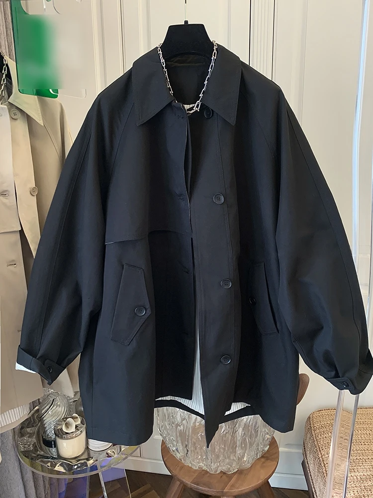 

Premium Large Size Workwear Style Jacket Women's Spring 2024 New Black Loose Slimming Windbreaker Coat Collar High Waist