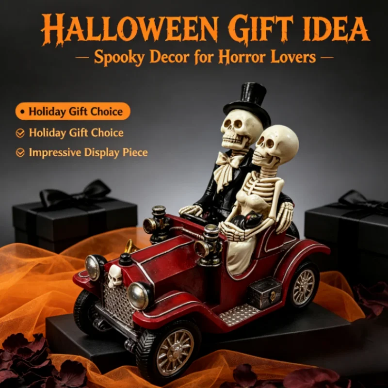 Skeleton Couple Vintage Red Car Resin Figurine, Gothic Skeleton Lover With Black Cat Statue, Halloween Spooky Tabletop Home Deco