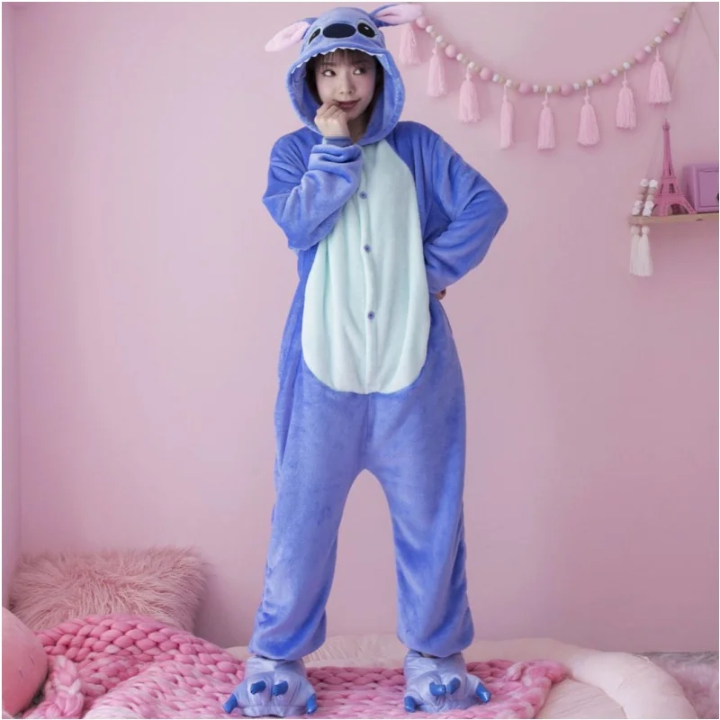 Disney Stitch Onesie Couple Flannel Sleepwear Unisex Cartoon Animal Pajamas Set Winter Women Men Warm Flannel Hooded Pyjama Gift