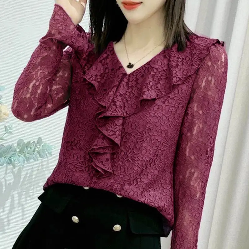 Fashion Solid Color Lace Hollow Out Ruffles Blouses Women\'s Clothing 2023 Autumn Winter Loose Casual Tops Flare Sleeve Shirts