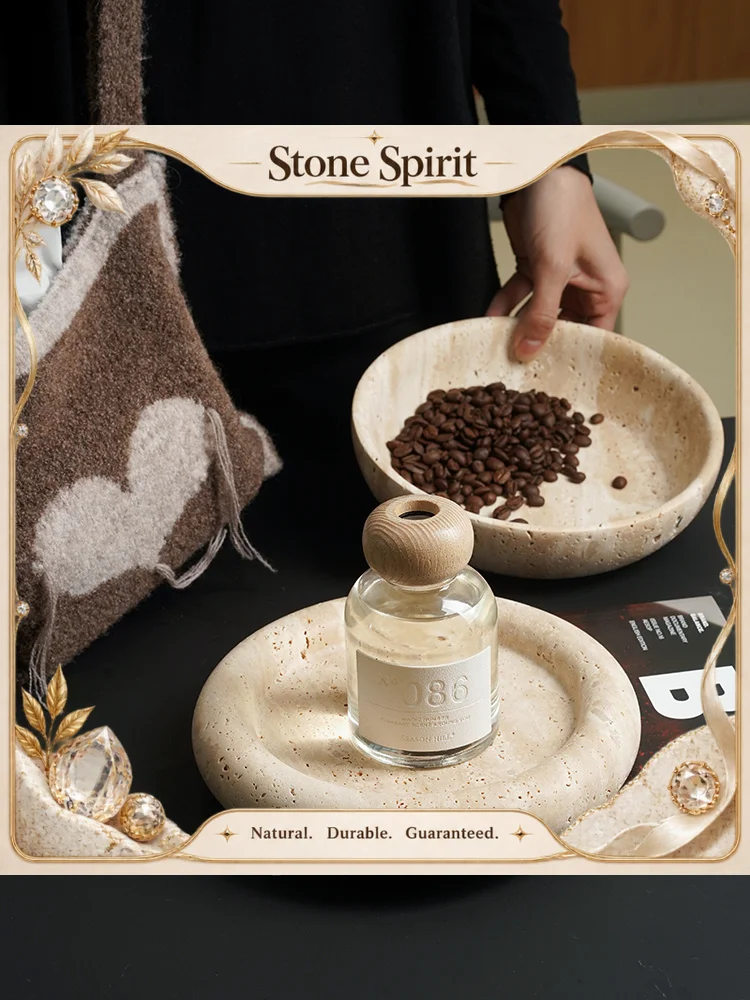 【Natural】Travertine Serving Tray Marble Jewelry Dish Round Fruit Bowl for Coffee Table Home Decor
