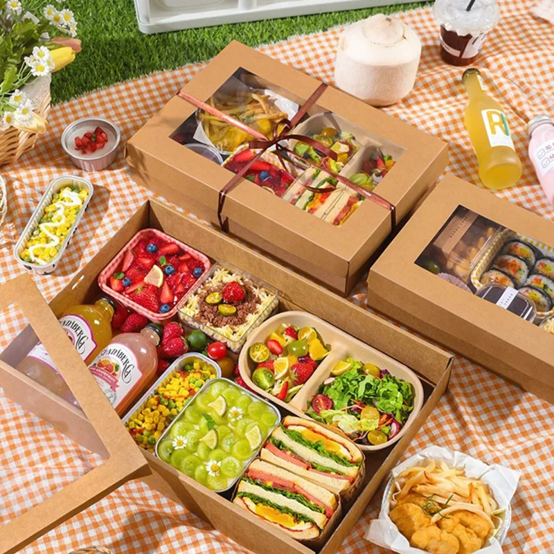 30Pcs/Lot Picnic Box With Window Lid, Outdoor Camping Style Kraft Paper Packaging Box, Baking Light Food Fruit Dessert Lunch Box