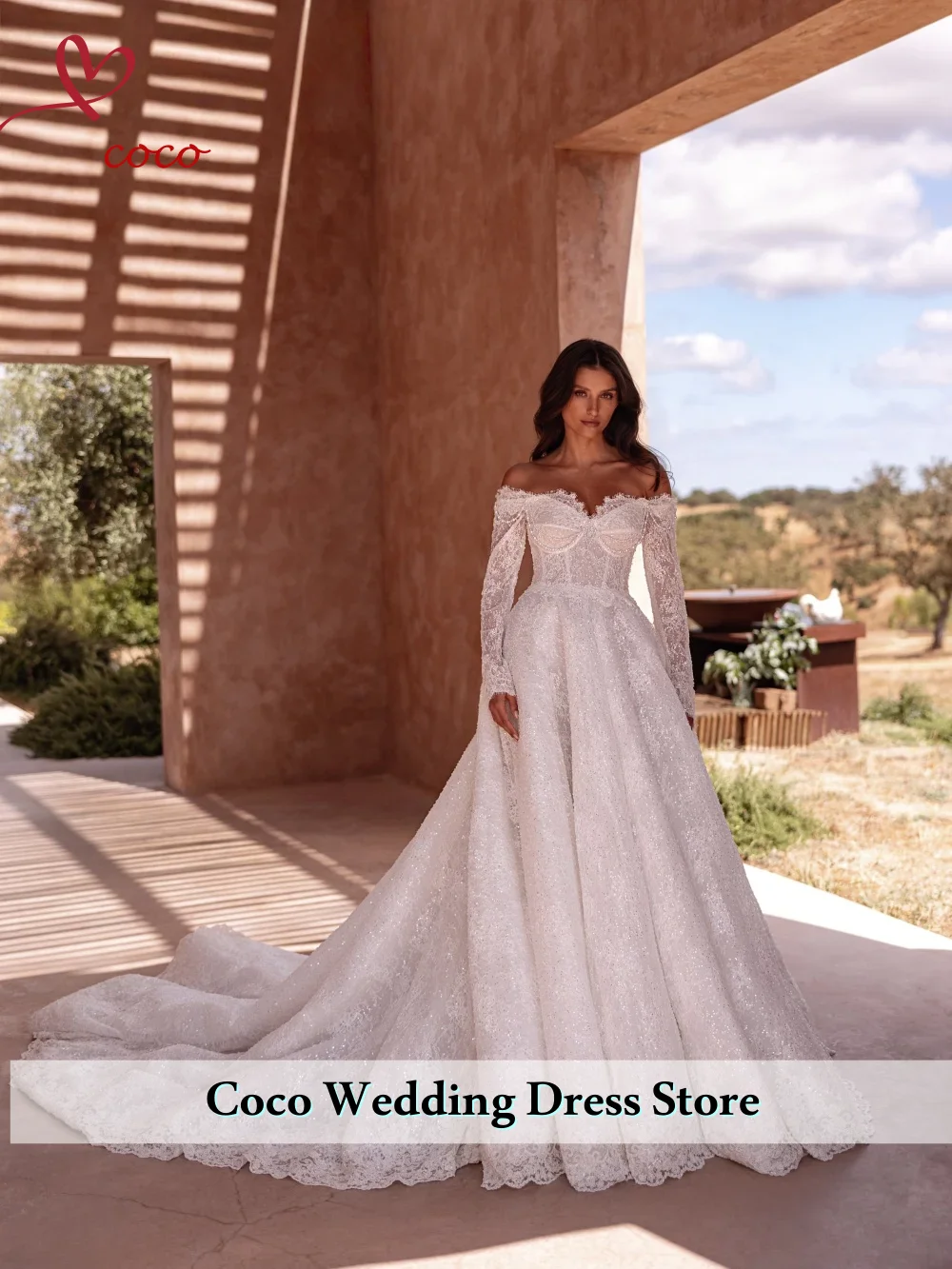 

Customized Romantic Sweetheart Long Sleeve A-Line Wedding Dress Luxury Beading Appliques Off Shoulder Lace Princess Bridal Gown