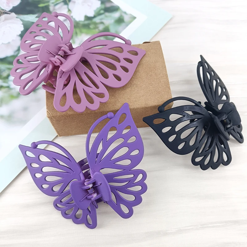 9 cm Süße Frauen Mädchen Junge Mode Geschenk Zurück Kopf Clip Haarnadel Candy Farbe Einzigen Schicht Hohl Flügel Antenne Schmetterling haar Klaue – Detail 4