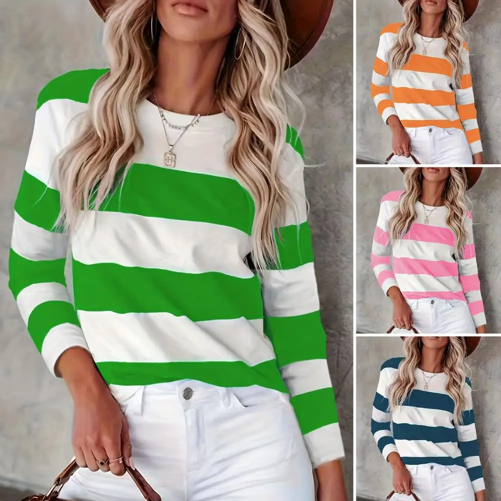 Striped Tops Women's Color Block Striped Sweatshirt Collection Stylish Round Neck Pullover Tops for Daily Wear for Fall