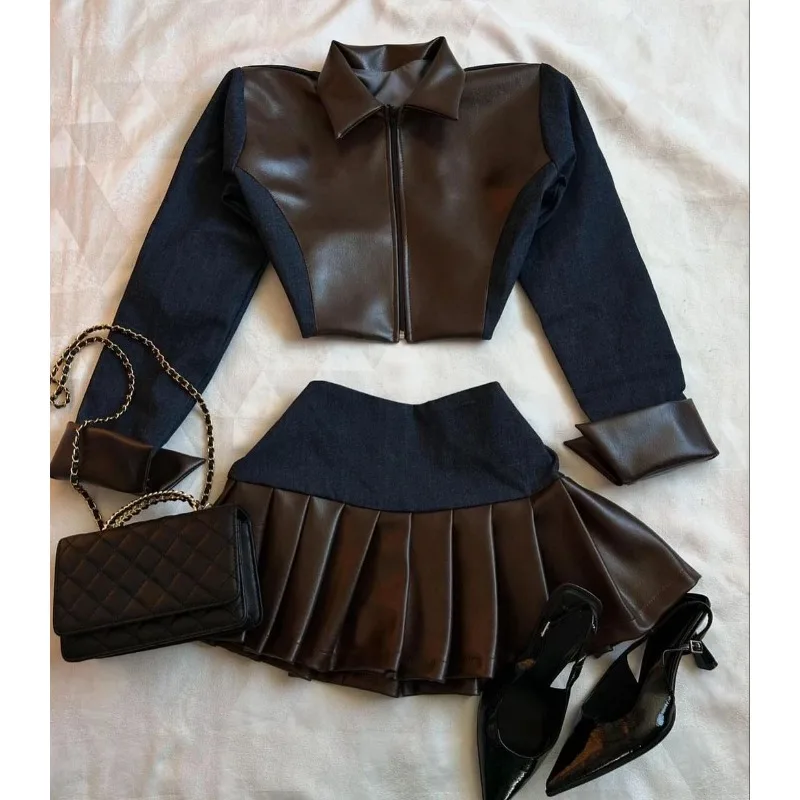 Y2K Harajuku Gothic Leather Jacket Casual Skirts Gothic Fashion Leather Patchwork Two Piece Clothing gothic Women Hot Sweetheart