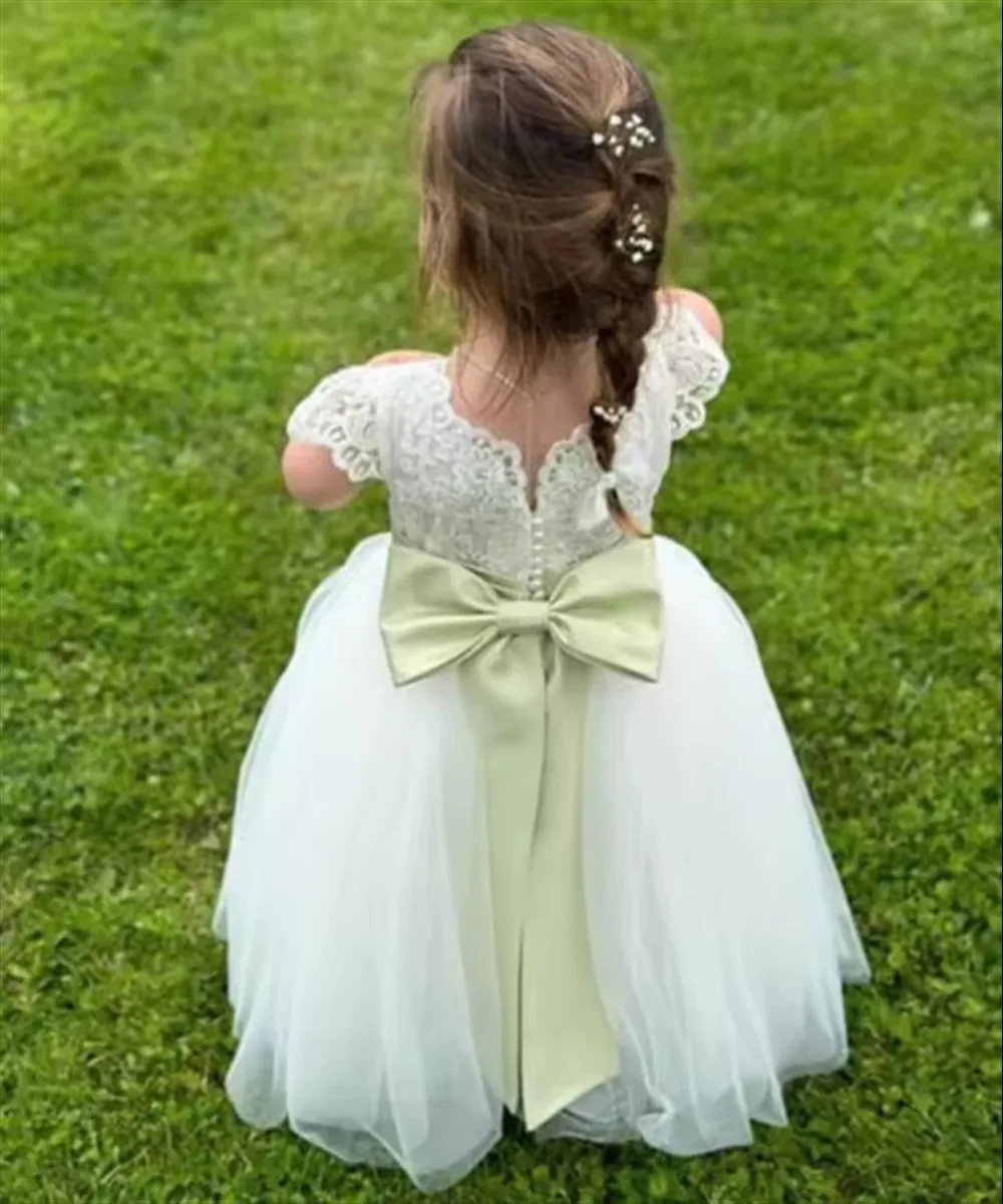 

Customized Flower Girl Dress for Wedding Appliques Lace with Bow Belt Princess Birthday Party Kids First Communion Ball Gown