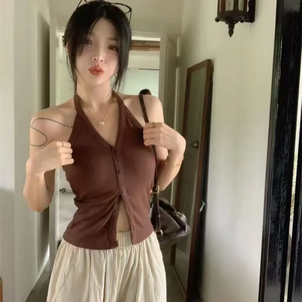 

Simple Halter Knitted Slim Crop Top Hollow Out Round Neck Women's Vest Top Undershirt Tank Sleeveless Camisole Streetwear