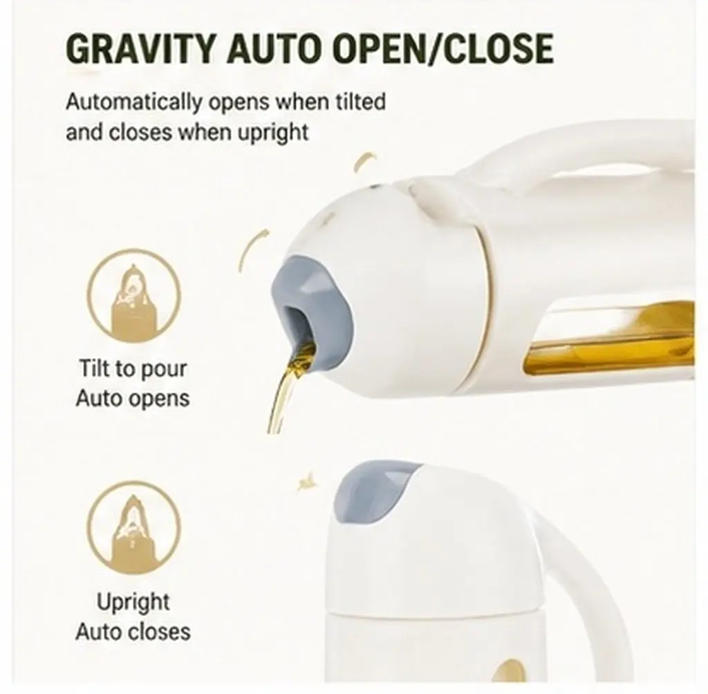Gravity-Activated Auto-Close Oil Dispenser Borosilicate Glass Body PP Cap Mess-Free Pouring Olive Vinegar Bottle 20.5x7cm